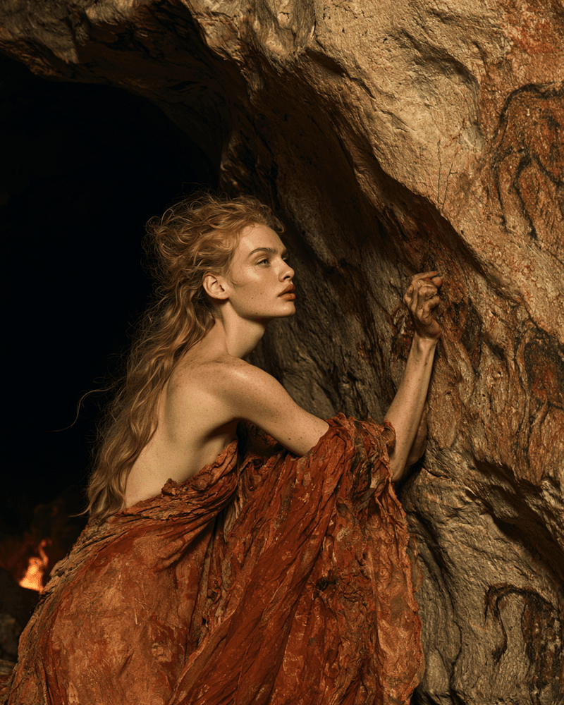 AI-generated portrait of a red-haired woman in ochre drapery touching a painted cave wall by firelight